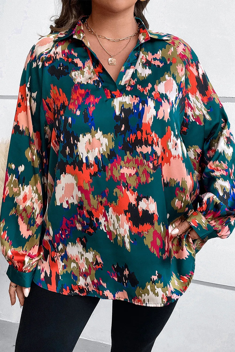 Plus Size Printed Johnny Collar Long Sleeve Blouse - Plus Size Shirts by Trendsi | Available at Handbags Specialist Headquarter