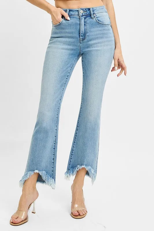 RISEN Full Size High Rise Crop Bootcut Fray Hem Jeans Plus Size - Women / Jeans & Denim by Trendsi | Available at Handbags Specialist Headquarter