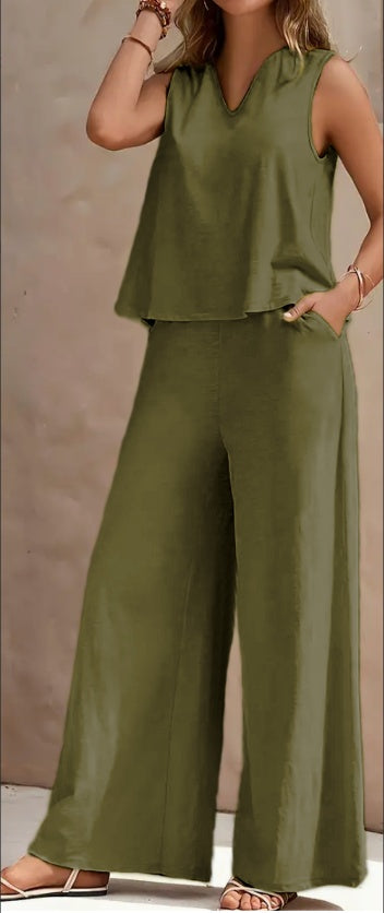 Summer Vibe: V-Neck Tank & Wide Leg Pants Set