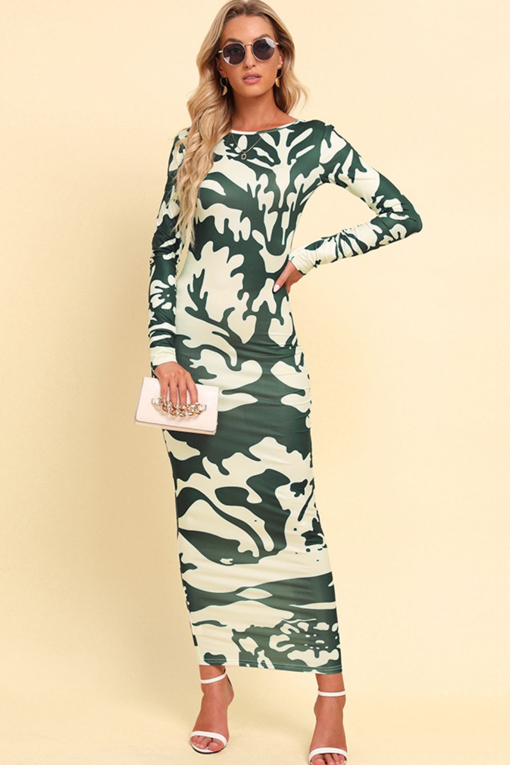Printed Backless Long Sleeve Maxi Dress - Maxi Dress by Trendsi | Available at Handbags Specialist Headquarter