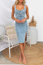 Side Slit Washed Scoop Neck Denim Dress - Women / Jeans & Denim by Trendsi | Available at Handbags Specialist Headquarter