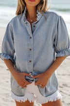 Ruffle Short Puff Sleeve Button Down Denim Shirt - Women / Jeans & Denim by Trendsi | Available at Handbags Specialist Headquarter