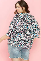 Plus Size Leopard V-Neck Three-Quarter Sleeve Blouse - Plus Size Shirts by Trendsi | Available at Handbags Specialist Headquarter