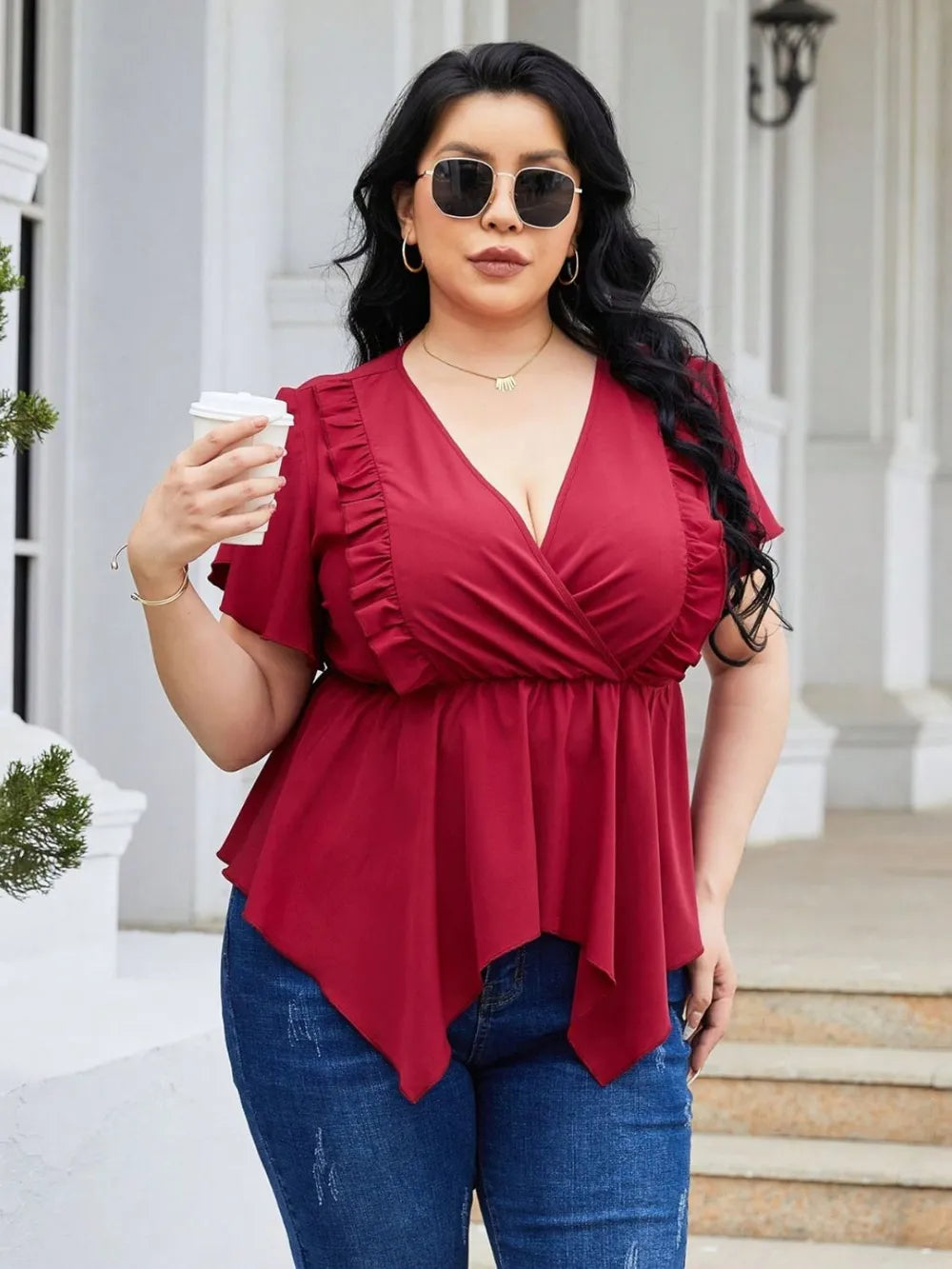 Plus Size Frill Surplice Flutter Sleeve Blouse - Plus Size Shirts by Trendsi | Available at Handbags Specialist Headquarter