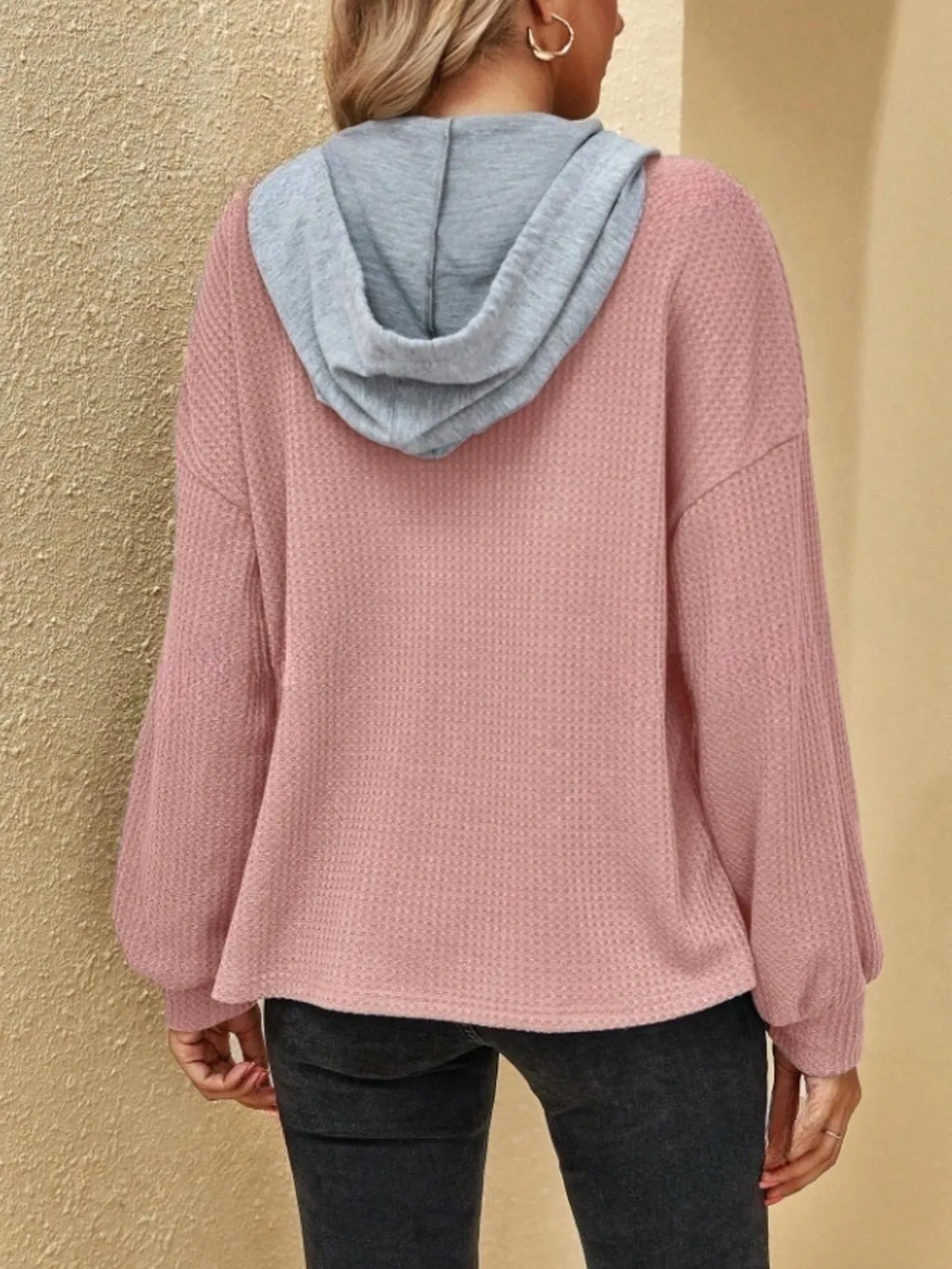 Drawstring Waffle Knit Hoodie - Tops by Trendsi | Available at Handbags Specialist Headquarter