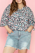 Plus Size Leopard V-Neck Three-Quarter Sleeve Blouse - Plus Size Shirts by Trendsi | Available at Handbags Specialist Headquarter