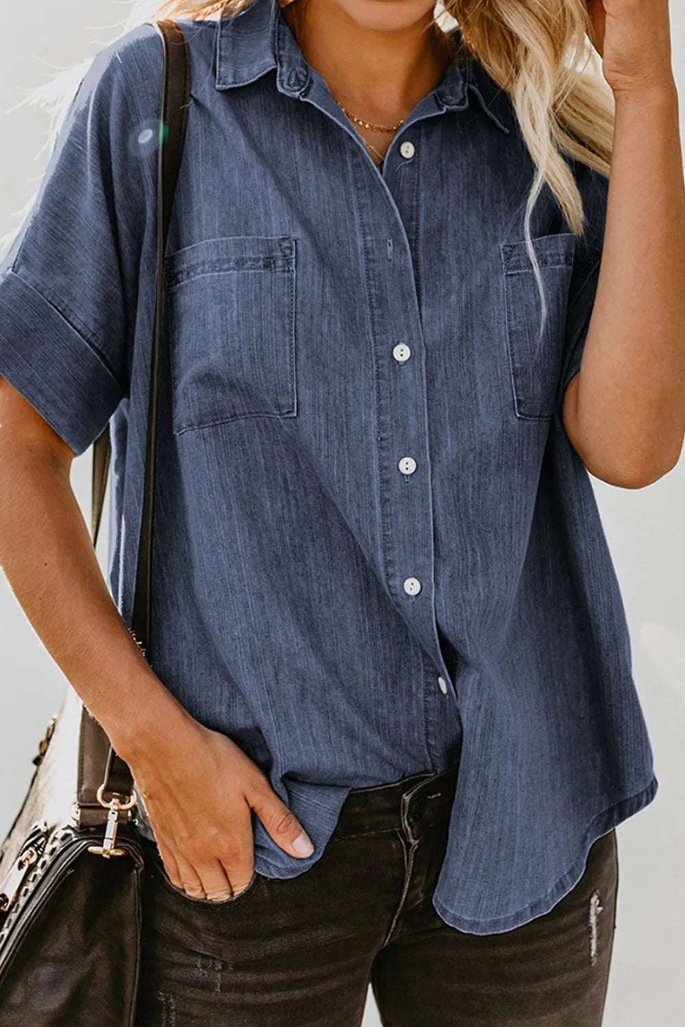 Pocketed Button Up Short Sleeve Denim Shirt - Women / Jeans & Denim by Trendsi | Available at Handbags Specialist Headquarter
