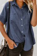 Pocketed Button Up Short Sleeve Denim Shirt - Women / Jeans & Denim by Trendsi | Available at Handbags Specialist Headquarter