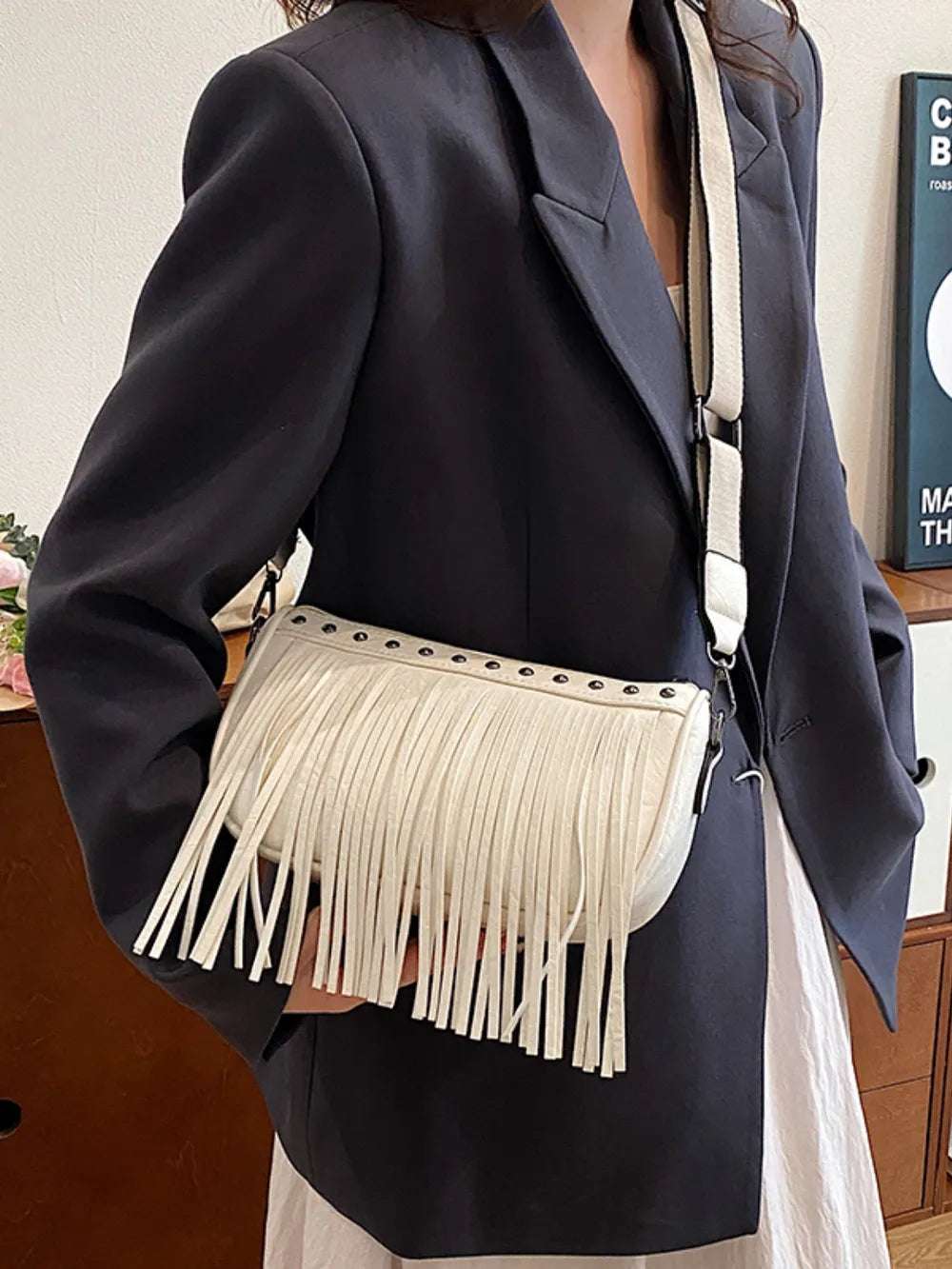 PU Leather Fringe Studded Crossbody Bag - Crossbody Bag by Trendsi | Available at Handbags Specialist Headquarter