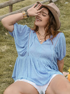 Plus Size Swiss Dot Tie Neck Short Sleeve Blouse - Plus Size Shirts by Trendsi | Available at Handbags Specialist Headquarter