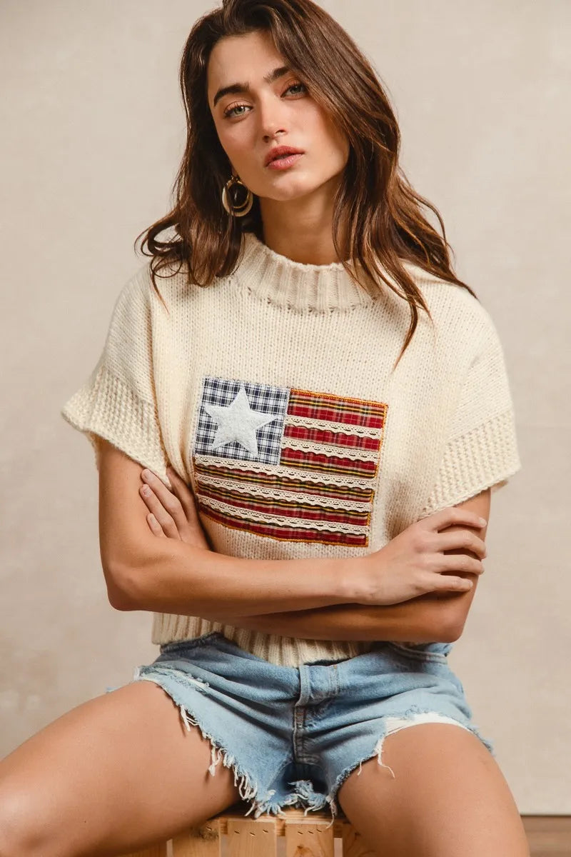 BiBi American Flag Patchwork Drop Shoulder Sweater - Tops by Trendsi | Available at Handbags Specialist Headquarter
