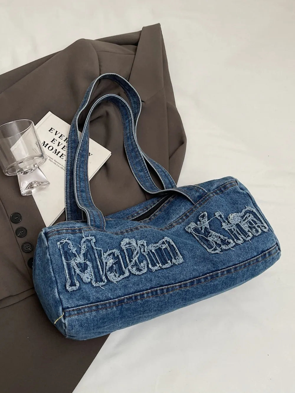 Letter Raw Edge Denim Handbag - Tote Bag by Trendsi | Available at Handbags Specialist Headquarter