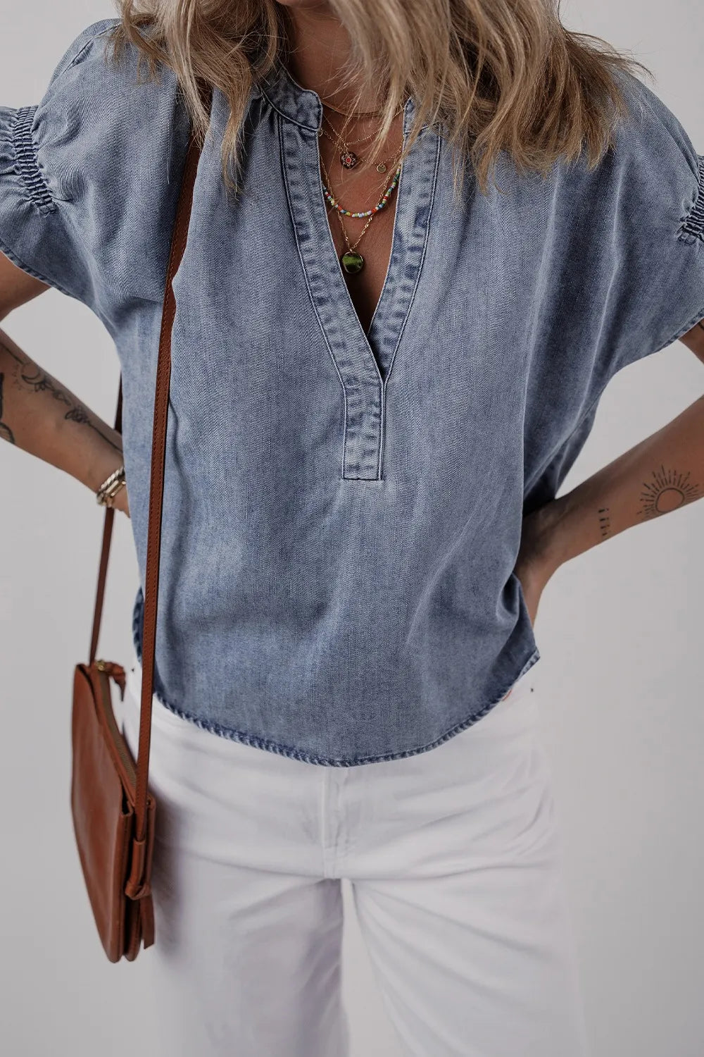 V Neck Ruffled Short Puff Sleeve Denim Top - Women / Jeans & Denim by Trendsi | Available at Handbags Specialist Headquarter