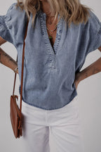 V Neck Ruffled Short Puff Sleeve Denim Top - Women / Jeans & Denim by Trendsi | Available at Handbags Specialist Headquarter