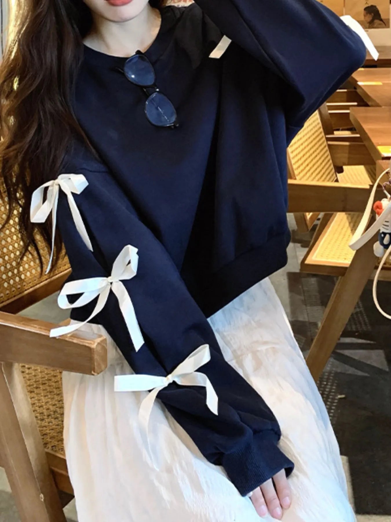 Bow-Detailed Sleeve Round Neck Sweatshirt - Tops by Trendsi | Available at Handbags Specialist Headquarter