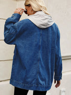 Oversized Button Up Denim Jacket with Hood - Tops by Trendsi | Available at Handbags Specialist Headquarter