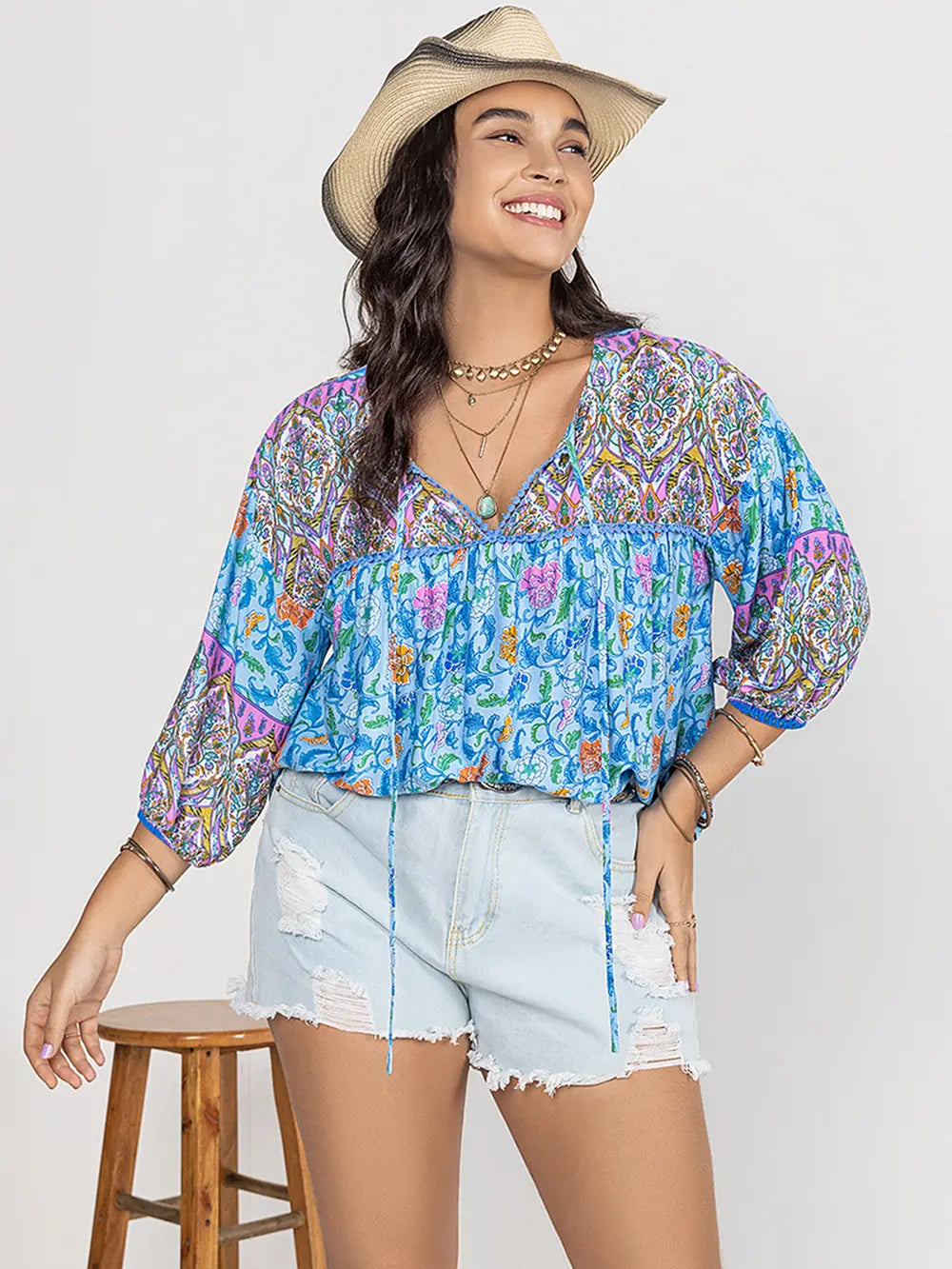 Plus Size Printed Tie Neck Balloon Sleeve Blouse - Plus Size Shirts by Trendsi | Available at Handbags Specialist Headquarter