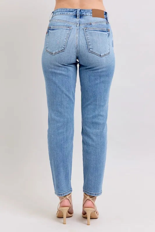 Judy Blue Full Size Mid Rise Vintage Wash Slim Jeans with Cell Phone Pocket Plus Size - Women / Jeans & Denim by Trendsi | Available at Handbags Specialist Headquarter