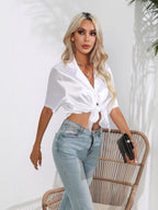 Button Down Short Sleeve Shirt - Women's Down Shirt Tops by Trendsi | Available at Handbags Specialist Headquarter