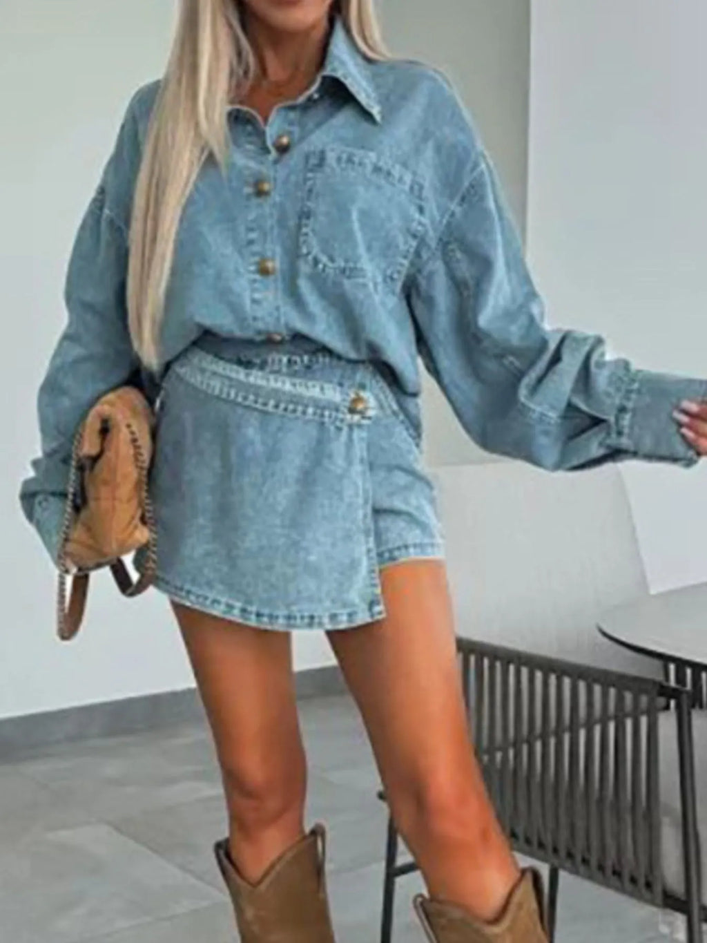 Button-Front Shirt and Mini Skirt Oversized Denim Set - Women / Jeans & Denim by Trendsi | Available at Handbags Specialist Headquarter