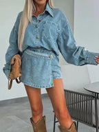 Button-Front Shirt and Mini Skirt Oversized Denim Set - Women / Jeans & Denim by Trendsi | Available at Handbags Specialist Headquarter