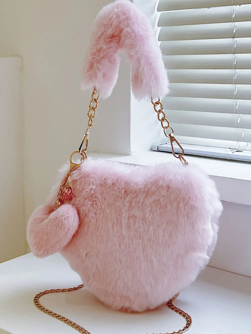 Heart Shape Faux Fur Handbag - handbags by Trendsi | Available at Handbags Specialist Headquarter