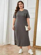 Plus Size Pocketed V-Neck Short Sleeve Lounge Dress - Sleepwear by Trendsi | Available at Handbags Specialist Headquarter