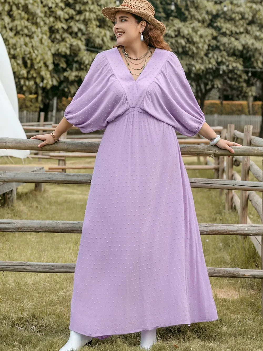 Plus Size Swiss Dot V-Neck Midi Dress - Dresses by Trendsi | Available at Handbags Specialist Headquarter