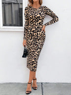Leopard Print Long Sleeve Bodycon Midi Dress - Maxi Dress by Trendsi | Available at Handbags Specialist Headquarter