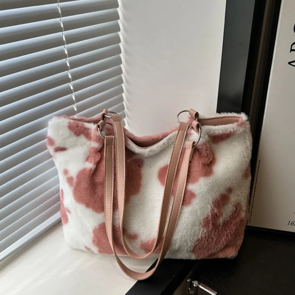 Cow Print Furry Tote Bag - Tote Bag by Trendsi | Available at Handbags Specialist Headquarter