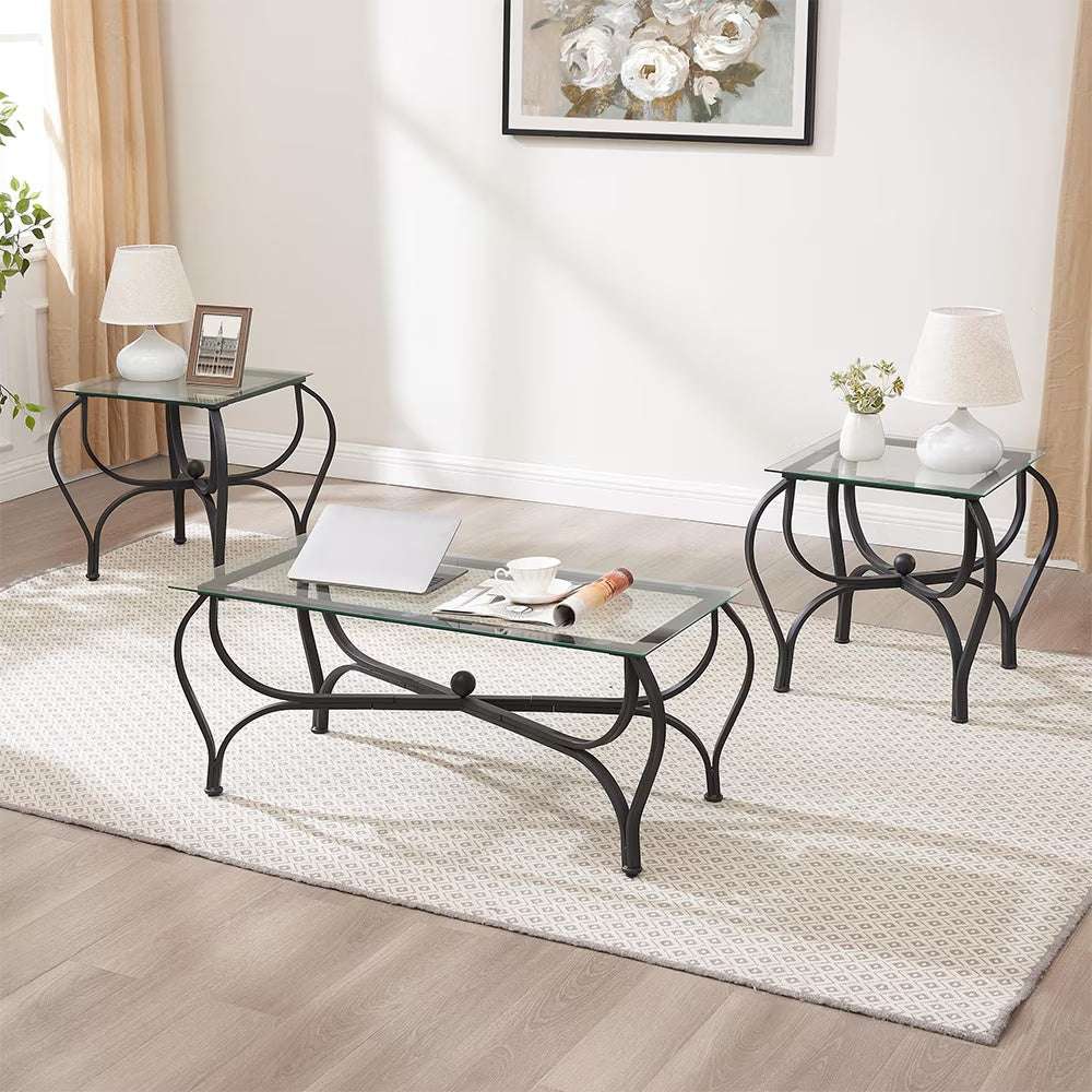 TriGlass Chic: Sleek 3-Piece Coffee Table Set - decor by Trendsi | Available at Handbags Specialist Headquarter