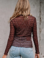 Sheer Mesh Patterned Lettuce Trim Slim Long Sleeve Top - Tops by Trendsi | Available at Handbags Specialist Headquarter