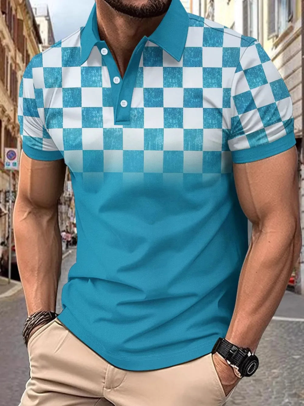 Men's Full Size Collared Checkered Short Sleeve Polo Plus Size - Men's Polo shirt by Trendsi | Available at Handbags Specialist Headquarter