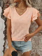 Eyelet V-Neck Ruffled Cap Sleeve Top - Tops by Trendsi | Available at Handbags Specialist Headquarter