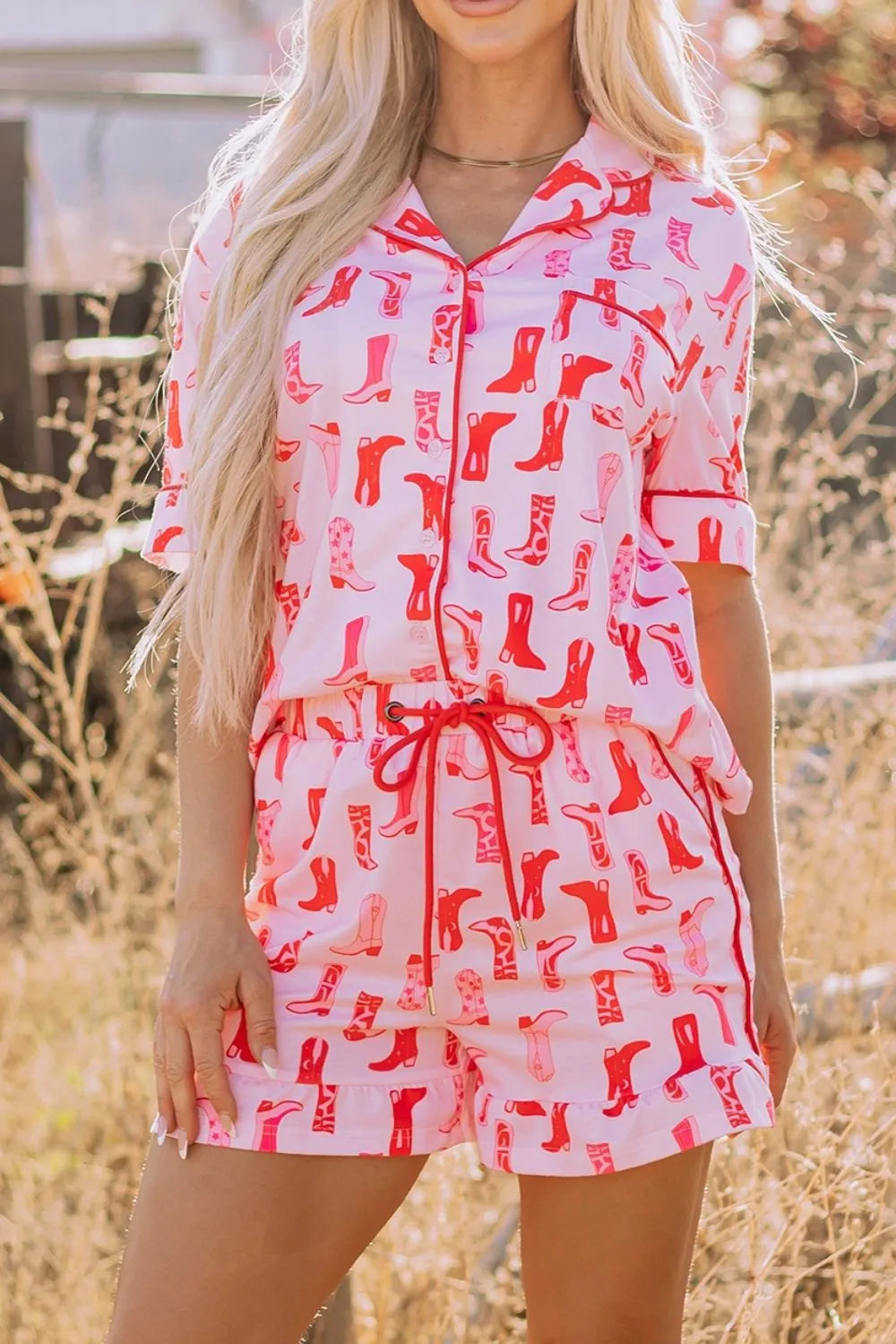 Cowgirl Boots Printed Shirt and Shorts Set - Sleepwear by Trendsi | Available at Handbags Specialist Headquarter