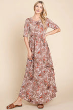 BOMBOM Printed Shirred Maxi Dress - Maxi Dress by Trendsi | Available at Handbags Specialist Headquarter