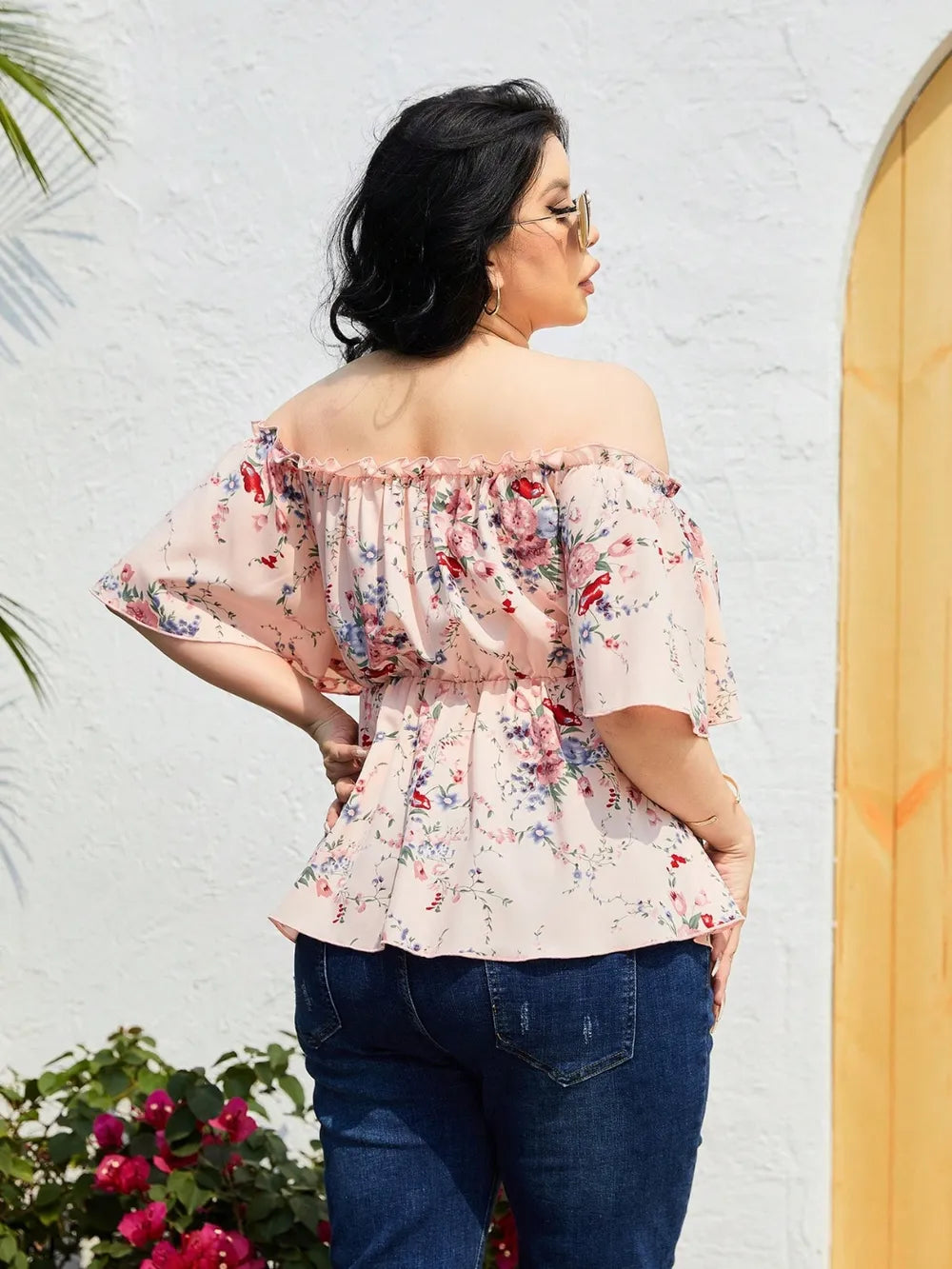 Plus Size Frill Printed Flutter Sleeve Blouse - Plus Size Shirts by Trendsi | Available at Handbags Specialist Headquarter