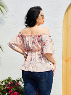 Plus Size Frill Printed Flutter Sleeve Blouse - Plus Size Shirts by Trendsi | Available at Handbags Specialist Headquarter