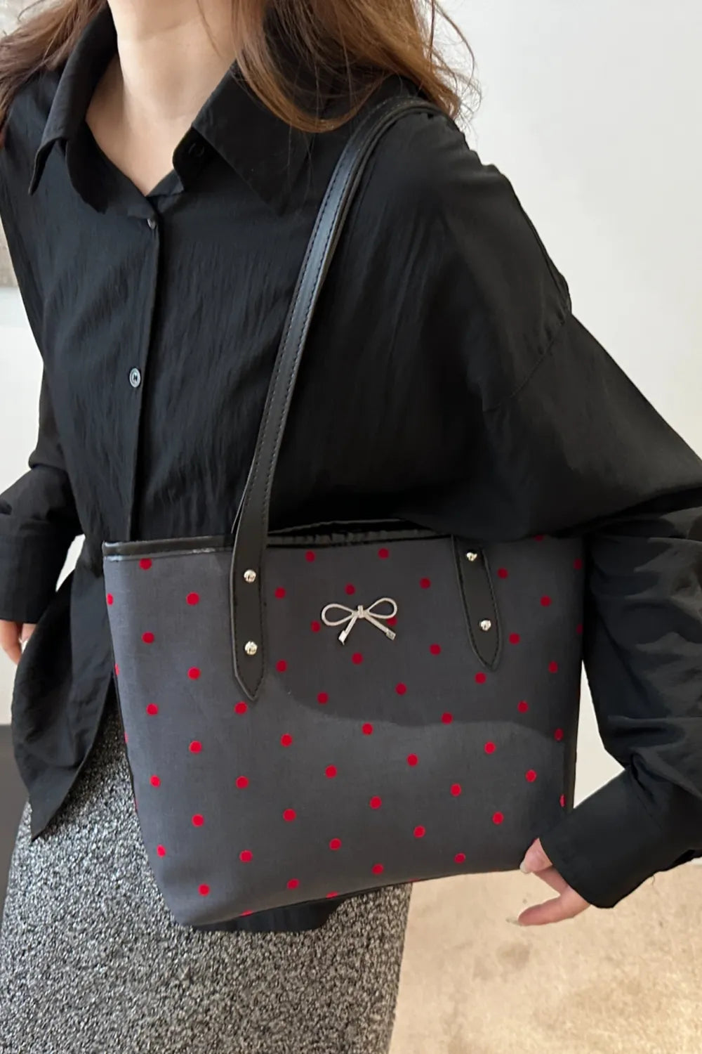 Bow Trim Polyester Tote Bag - Tote Bag by Trendsi | Available at Handbags Specialist Headquarter