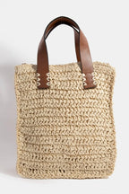 Fame Faux Leather Handle Straw Braided Handbag - Tote Bag by Trendsi | Available at Handbags Specialist Headquarter