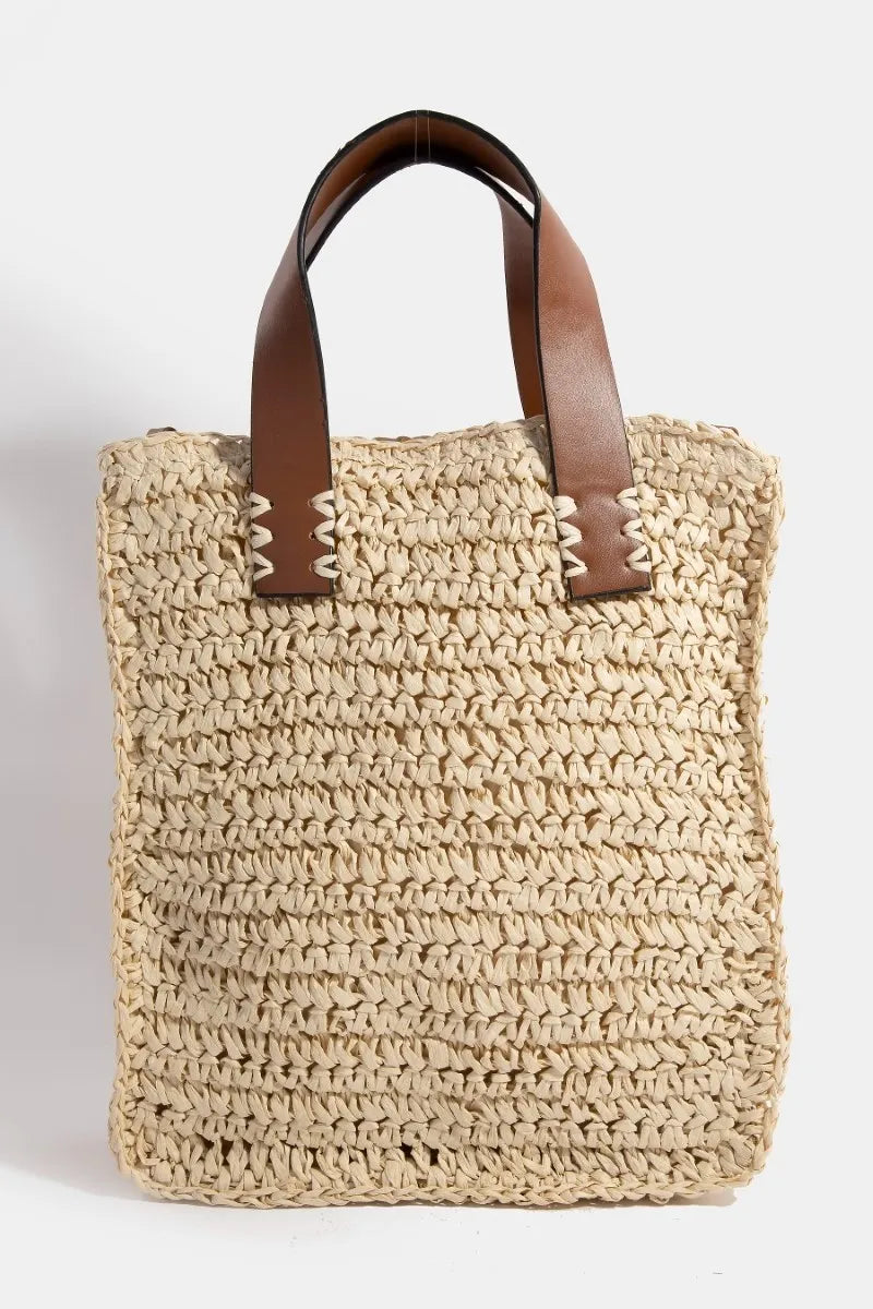 Fame Faux Leather Handle Straw Braided Handbag - Tote Bag by Trendsi | Available at Handbags Specialist Headquarter