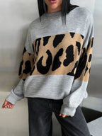 Leopard Color Block Round Neck Sweater - Tops by Trendsi | Available at Handbags Specialist Headquarter