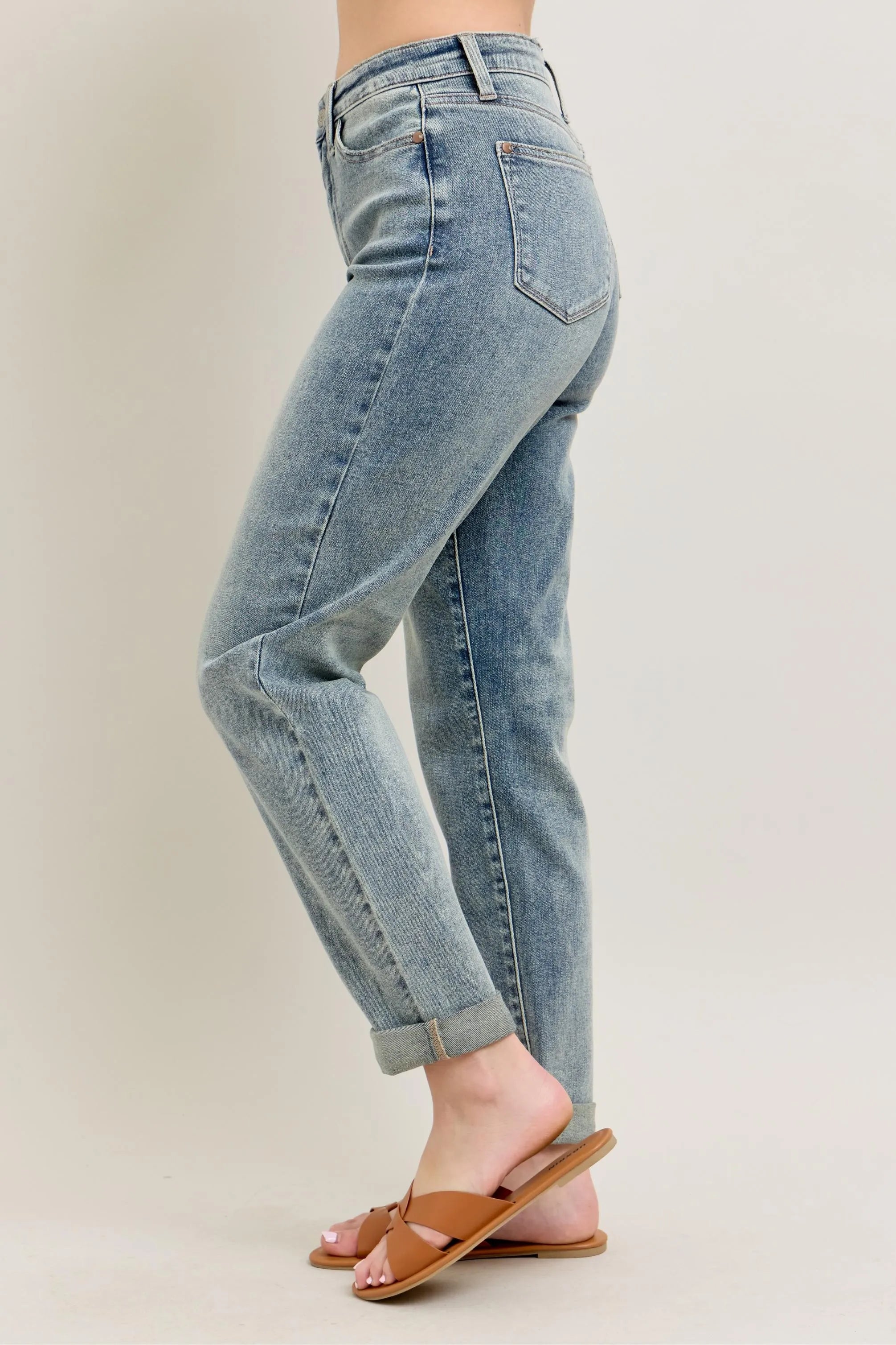 Judy Blue Full Size Hw Vintage Wash Double Roll Cuff Bf Jeans Plus Size - Women / Jeans & Denim by Trendsi | Available at Handbags Specialist Headquarter