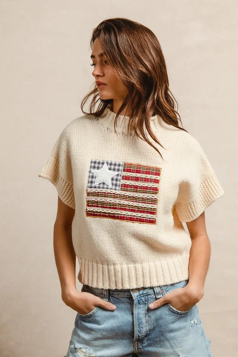 BiBi American Flag Patchwork Drop Shoulder Sweater - Tops by Trendsi | Available at Handbags Specialist Headquarter