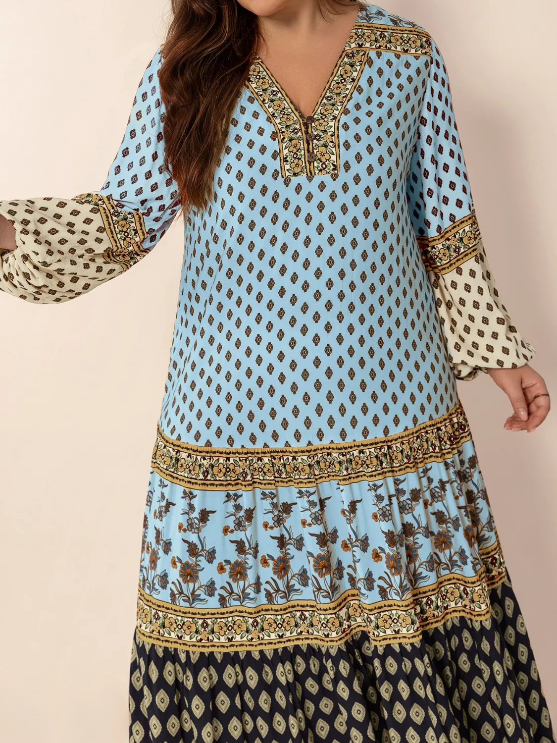 Plus Size Printed V-Neck Balloon Sleeve Maxi Dress - Dresses by Trendsi | Available at Handbags Specialist Headquarter