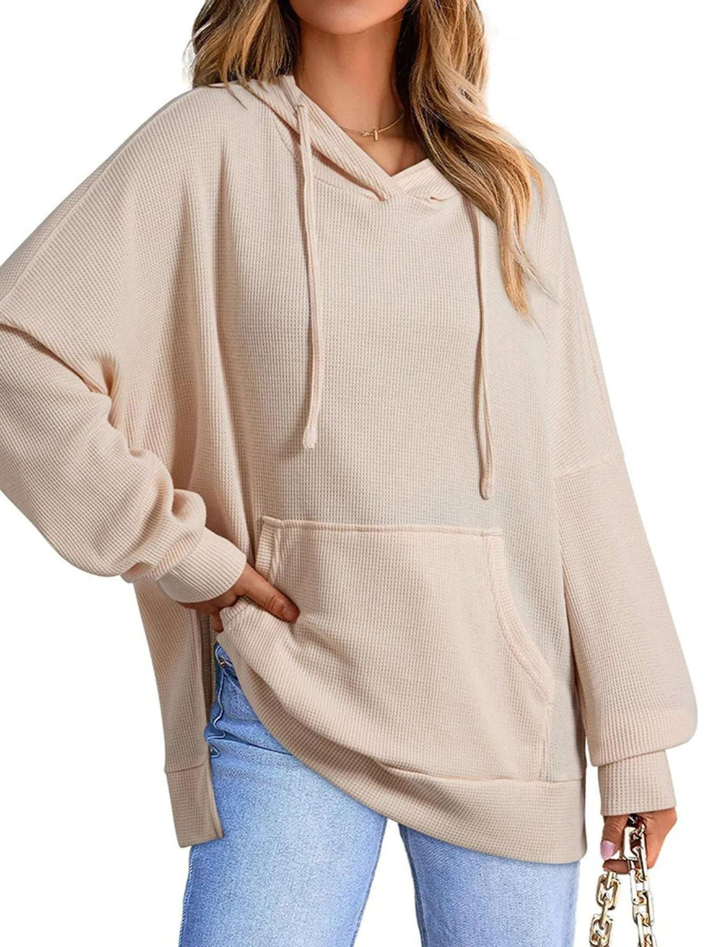 Slit Drawstring Waffle Knit Hoodie - Tops by Trendsi | Available at Handbags Specialist Headquarter