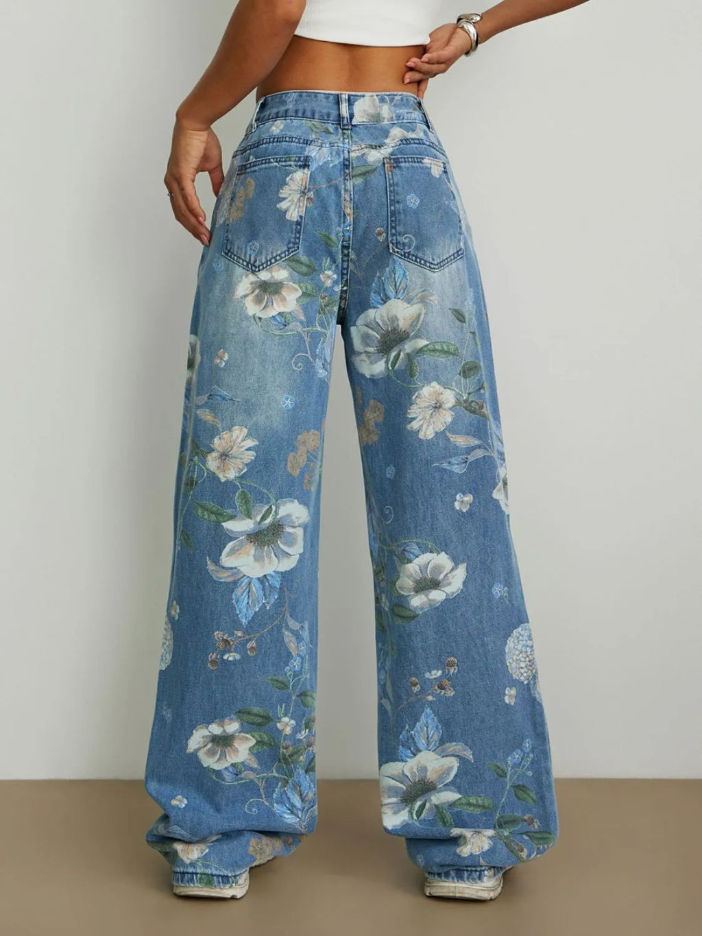 Printed Wide Leg Jeans - Women / Jeans & Denim by Trendsi | Available at Handbags Specialist Headquarter