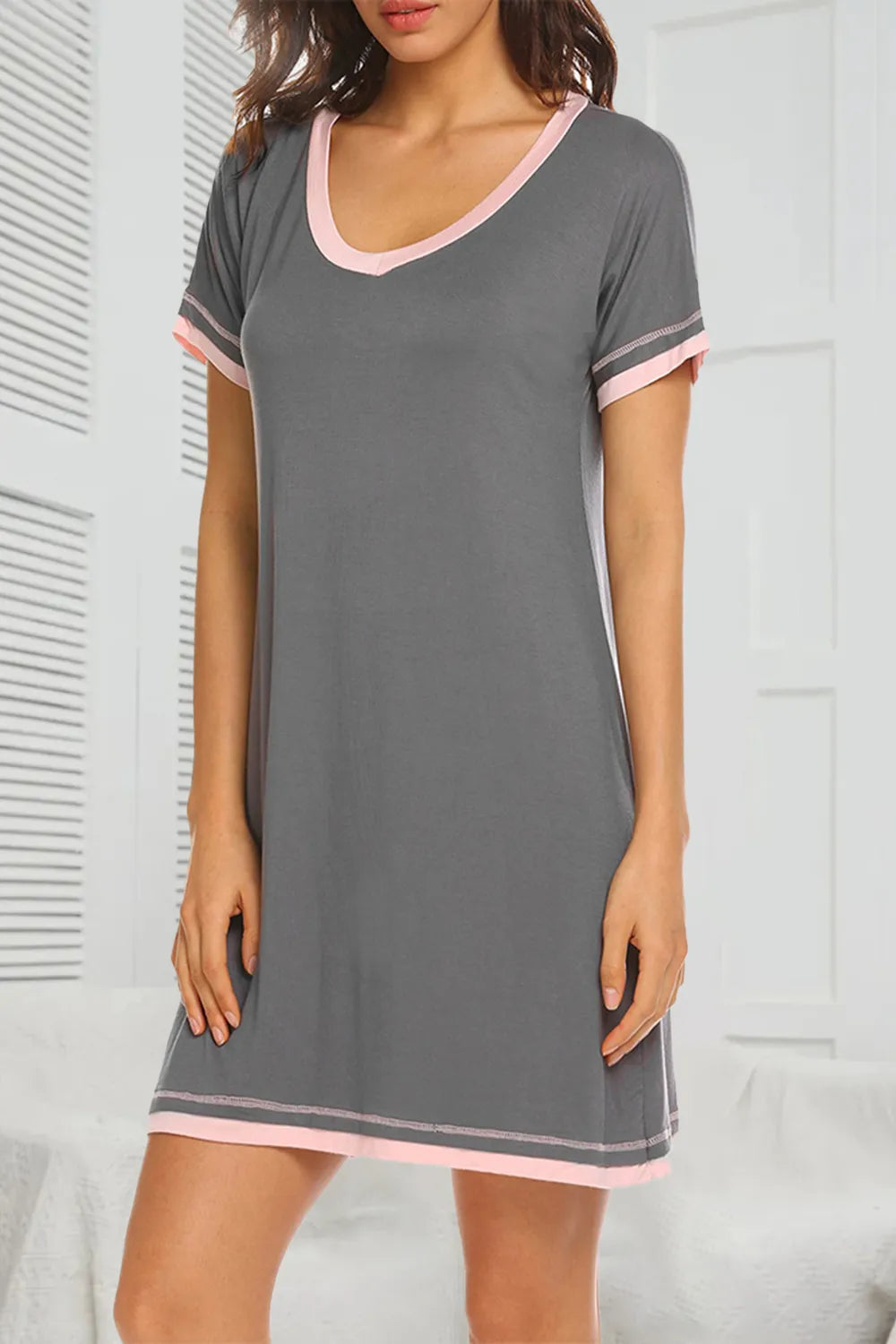 Contrast Trim Short Sleeve Lounge Dress - Sleepwear by Trendsi | Available at Handbags Specialist Headquarter