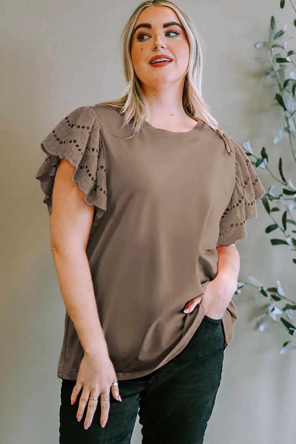 Plus Size Eyelet Round Neck Short Sleeve Blouse - Women Plus Size by Trendsi | Available at Handbags Specialist Headquarter
