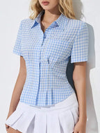 Button Down Short Sleeve Shirt - Women's Down Shirt Tops by Trendsi | Available at Handbags Specialist Headquarter